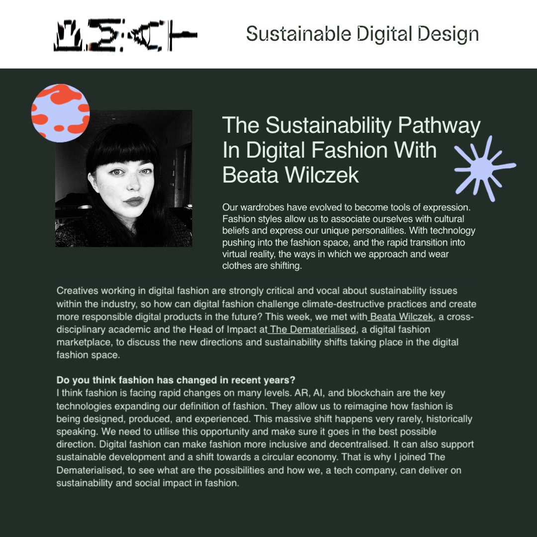 📖 For your Tuesday read:

Our Head of Impact <a href="/beata_unfolding/">Beata Wilczek</a> in conversation with <a href="/sustainabledd/">Sustainable Digital Design (SDD)</a> on the new directions and sustainability shifts taking place in the digital fashion space. 

sustainabledigitaldesign.com/community/the-…