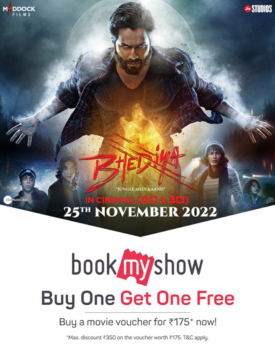 SumitkadeI's tweet photo. With just 10 days to go for to howl, the makers launch a special offer on Book My Show... Buy 1 get 1 free on #Bhediya movie tickets by pre-booking movie voucher only for 175/-🤩 https://t.co/HX8hqGNk5P
#10DaysToBhediya

@MaddockFilms @jiostudios  #VarunDhawan #KritiSanon https://t.co/RpyzScDjqI