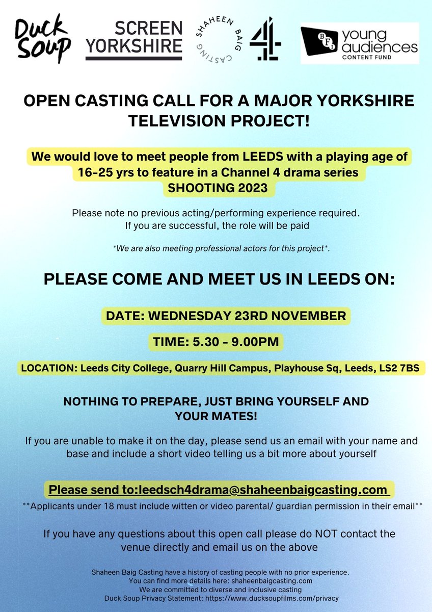 sbaigcasting's tweet photo. @act4tv Hi there, we’re doing an OPEN CALL in #Leeds for a @channel4 series shooting 2023. We’d love to meet local people so come along+bring your mates!

*Repped actors to submit through agent pls.
Please share. Thanks!

#casting #castingcall 
Text: https://t.co/y4iCDDXUtV https://t.co/KIKNZAESoE