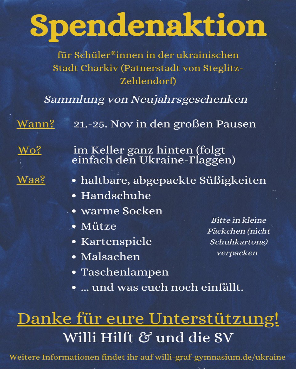 willigrafgym's tweet photo. Liebe Schulgemeinschaft, wir wollen Kindern und Jugendlichen in der Ukraine eine kleine Freude bereiten und brauchen dafür eure Hilfe! Zusammen mit dem Lilienthal und Goethe-Gymnasium wollen wir für die Schüler*innen einer Schule in der 🇺🇦 Stadt Charkiv Geschenke sammeln [1/2] https://t.co/7OzjEseK5m