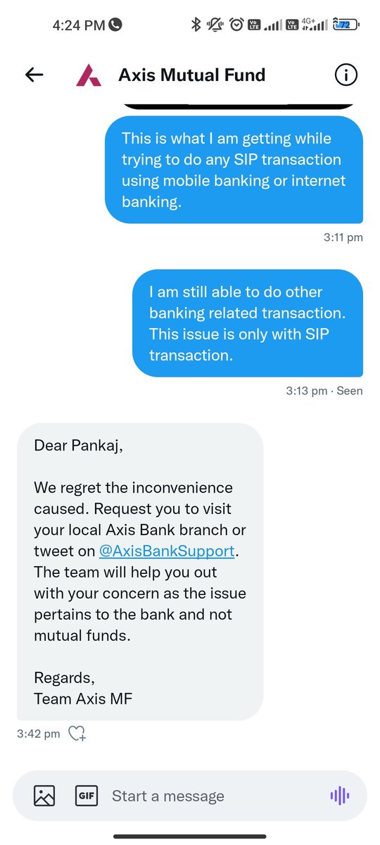 Pankaj____'s tweet image. @AxisBank @AxisBankSupport @AxisMutualFund @AxisDirect_In - Guys, I am completely fed up with your support and services and kind of response your different team is providing on my issue. Please see these responses from your different team. 
#AxisBank
#AvoidAxis
#AvoidAxisSIP