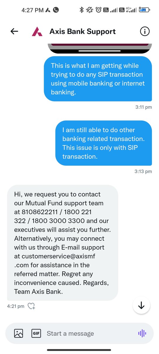 Pankaj____'s tweet image. @AxisBank @AxisBankSupport @AxisMutualFund @AxisDirect_In - Guys, I am completely fed up with your support and services and kind of response your different team is providing on my issue. Please see these responses from your different team. 
#AxisBank
#AvoidAxis
#AvoidAxisSIP