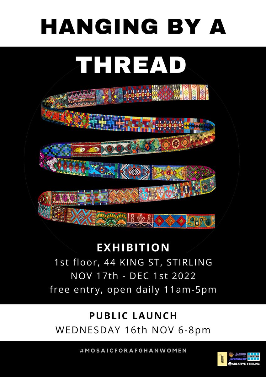 NEW EXHIBITION: @BAMMosaic are exhibiting 'Hanging by a Thread' at 44 King Street, 17th Nov - 1st Dec Mosaic pieces have been joined together to create a scarf symbolising culture, traditions and textiles, as well as coming together to spread awareness and call for change.