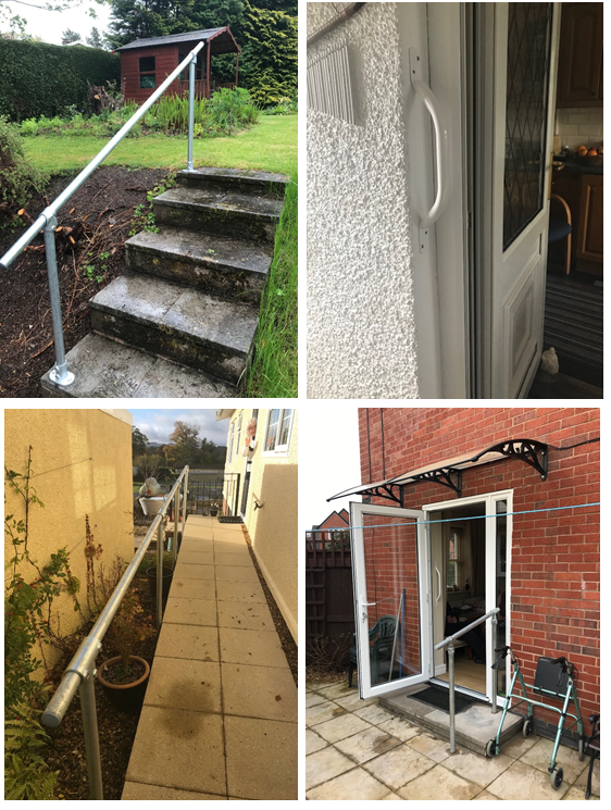 Some examples of external handrails fitted by Care &amp; Repair in Powys to enable clients safer access to and from their home and garden.