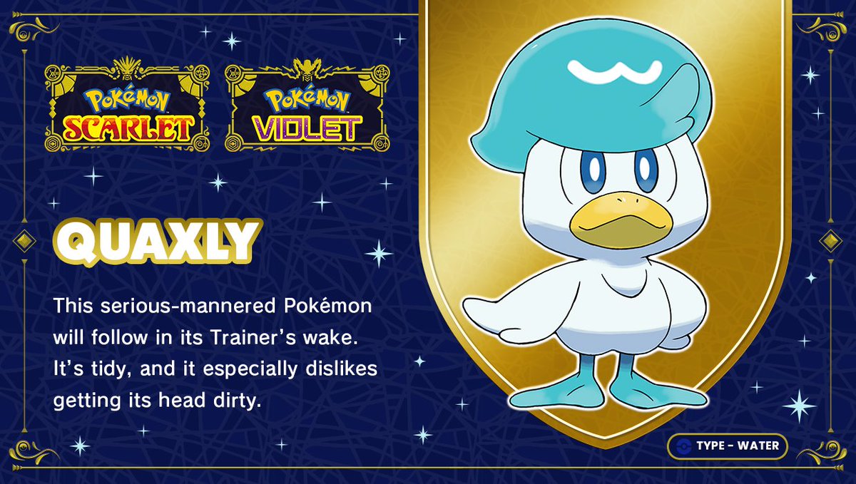 PokemonNewsUK's tweet photo. Quaxly, the Duckling Pokémon, is a loyal friend who takes care to keep itself looking neat and stylish. 

You planning to have a quacking good time with this Pokémon, Trainers? 🌊🦆

#pokemonscarletviolet https://t.co/4z5bG5vq4f