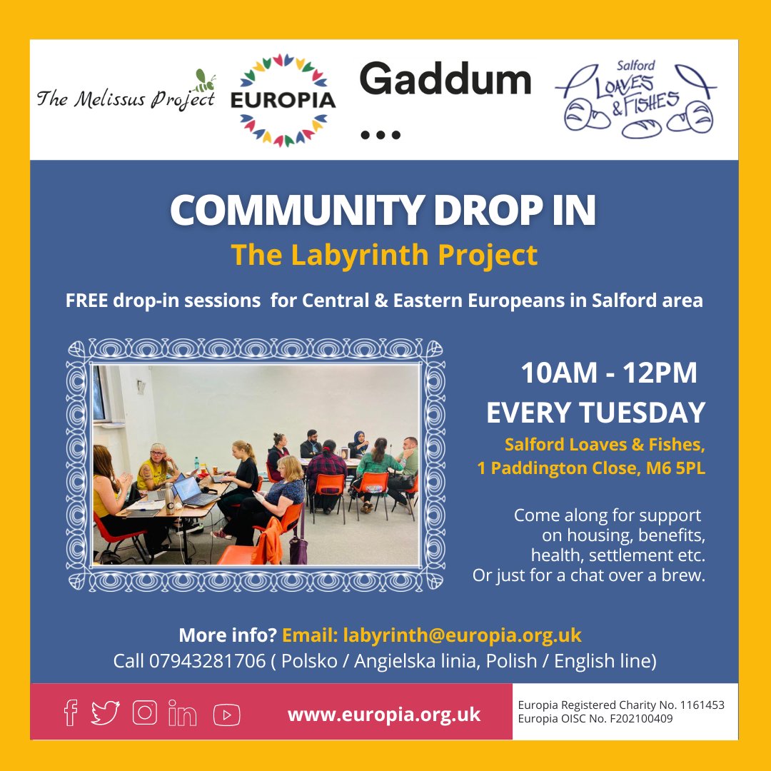 📣Calling all members of the #European #community in #Salford! Join us at our #free drop-in sessions every #Tuesday starting from 22nd Nov🤗

No need to reserve a seat, just drop in! 

For more information:
bit.ly/3TLU3XN