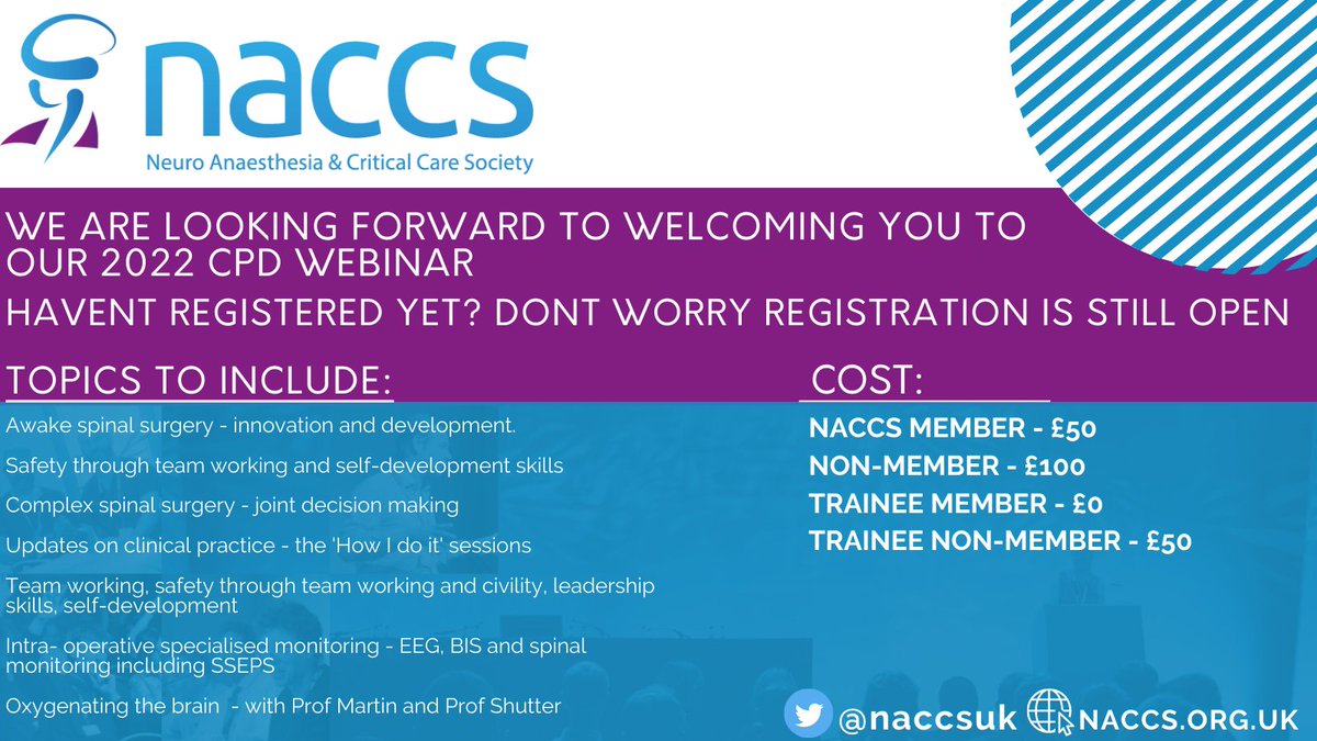 🄽🄰🄲🄲🅂 (@naccsuk) on Twitter photo Don't forget to register for the upcoming NACCS CPD day on the 17th November 2022!
Trainees' fee is 0£!!
Register now to access the content later!
ow.ly/Vuvc50LrIMp
<a href="/RCoANews/">Royal College of Anaesthetists</a> <a href="/ISNACCINDIA/">ISNACC</a> <a href="/SNACCNeuro/">SNACC</a> <a href="/neurocritical/">Neurocritical Care Society</a> <a href="/OxfordNeuroCrit/">𝙊𝙭𝙛𝙤𝙧𝙙 𝙉𝙚𝙪𝙧𝙤𝘾𝙧𝙞𝙩𝙞𝙘𝙖𝙡 𝘾𝙖𝙧𝙚</a> <a href="/QSNeuroanae/">QSNeuroanaesthesia</a> @SNCC40145044 Don't forget to register for the upcoming NACCS CPD day on the 17th November 2022!
Trainees' fee is 0£!!
Register now to access the content later!
ow.ly/Vuvc50LrIMp
<a href="/RCoANews/">Royal College of Anaesthetists</a> <a href="/ISNACCINDIA/">ISNACC</a> <a href="/SNACCNeuro/">SNACC</a> <a href="/neurocritical/">Neurocritical Care Society</a> <a href="/OxfordNeuroCrit/">𝙊𝙭𝙛𝙤𝙧𝙙 𝙉𝙚𝙪𝙧𝙤𝘾𝙧𝙞𝙩𝙞𝙘𝙖𝙡 𝘾𝙖𝙧𝙚</a> <a href="/QSNeuroanae/">QSNeuroanaesthesia</a> @SNCC40145044