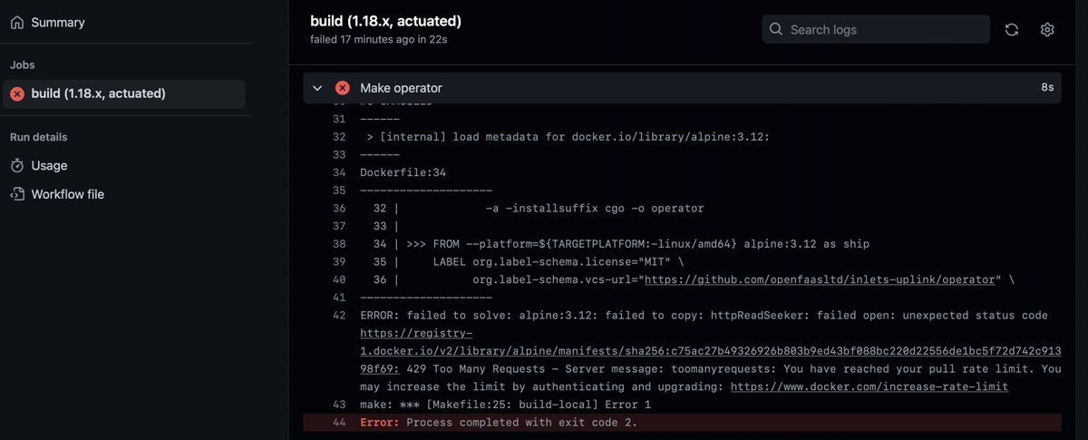 This is such a disappointing user-experience from <a href="/Docker/">Docker</a> 

The alpine / golang images cannot be pulled enough times within a 6 hour period for CI that runs on every commit

So now we're going to have to add "docker login" to dozens of builds, despite not pushing any images there