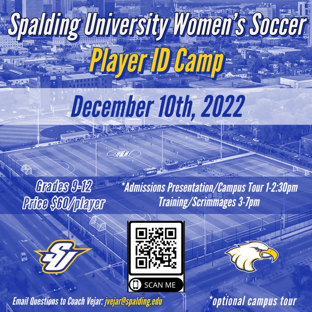 Interested in playing soccer at the college level in our awesome city? Spalding University Women’s Soccer is hosting a Player ID Camp at their state of the art, downtown facilities &amp; looking for future Golden Eagles! Sign up with the link below or use the QR code!