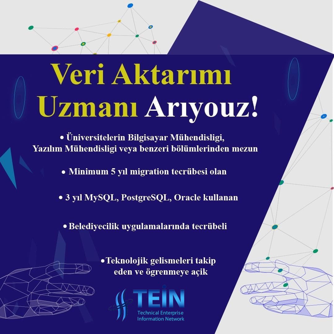 teinteknoloji's tweet photo. Tein Teknoloji Hizmetleri olarak "Veri Aktarım Uzmanı" arıyoruz. Başvuru için ik@tein.com.tr mail adresine CV'nizi iletebilirsiniz.#data #mysql #developer #postgrsql #yazılım https://t.co/ROuM43aFOU