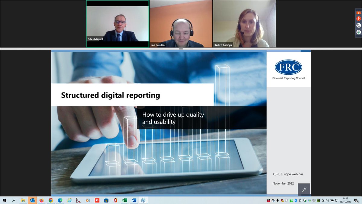 Right now
A webinar XBRL Europe: #ESEF: Block tagging and the way forwards 
Structured digital reporting – improving quality and usability – Introduction by Jon Rowden, XBRL Europe, PwC – Speakers: Karlien Conings ; Thomas Toomse-Smith – UK FRC Lab
xbrleurope.org/?p=5945