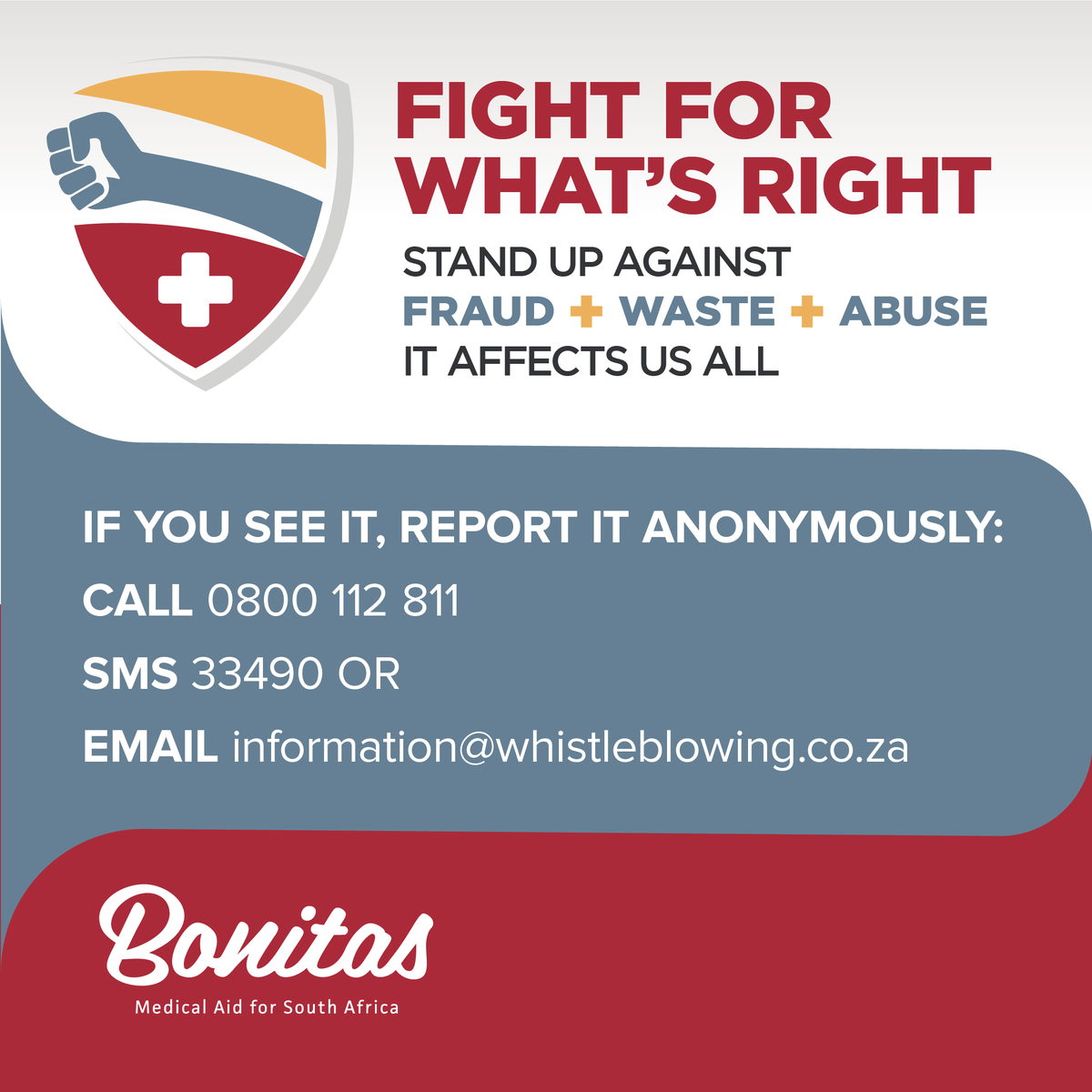 BonitasMedical's tweet photo. Did you know that healthcare fraud, waste and abuse directly contribute to the rise of medical costs, including your membership contribution? Fight back by reporting it anonymously! https://t.co/6hLyidNfkK