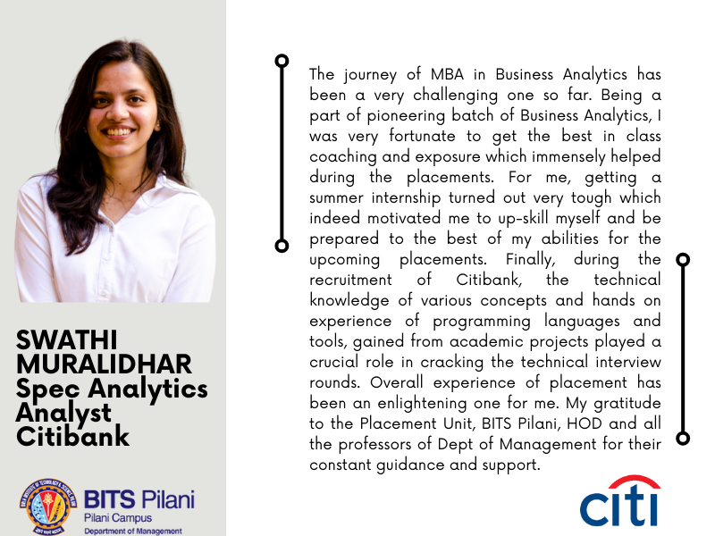 BITS_MBA's tweet image. Placements AY 2022-23

SWATHI MURALIDHAR
Spec Analytics Analyst
Citi Bank

MBA in Business Analytics | Batch 2021-23
Department of Management, BITS Pilani

#placements2022 #mbaba #bitspilani #dom #bitsmba #businessanalytics #pioneeringbatch