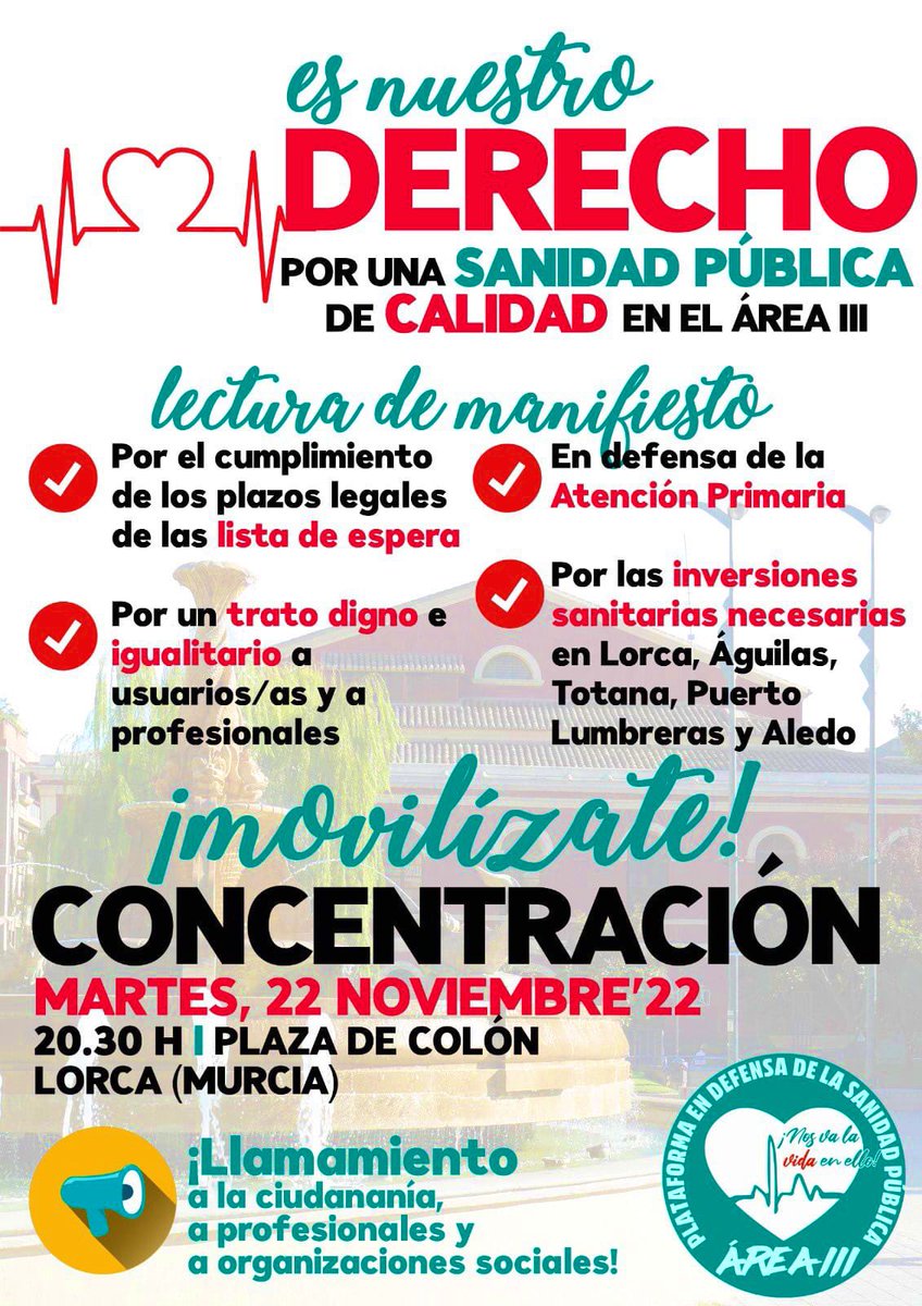 MasRegion_es's tweet photo. ➡️ El @PPRMurcia maltrata nuestra sanidad pública. Nosotras la defendemos
✊🏽💚 Estaremos presentes 👇🏽
📍Plaza de Colón (Lorca)
🗓️ 22 de noviembre | 20:30h
#LaRegiónMereceMás #SanidadPublica #AreaIII https://t.co/egcoSiWfrk