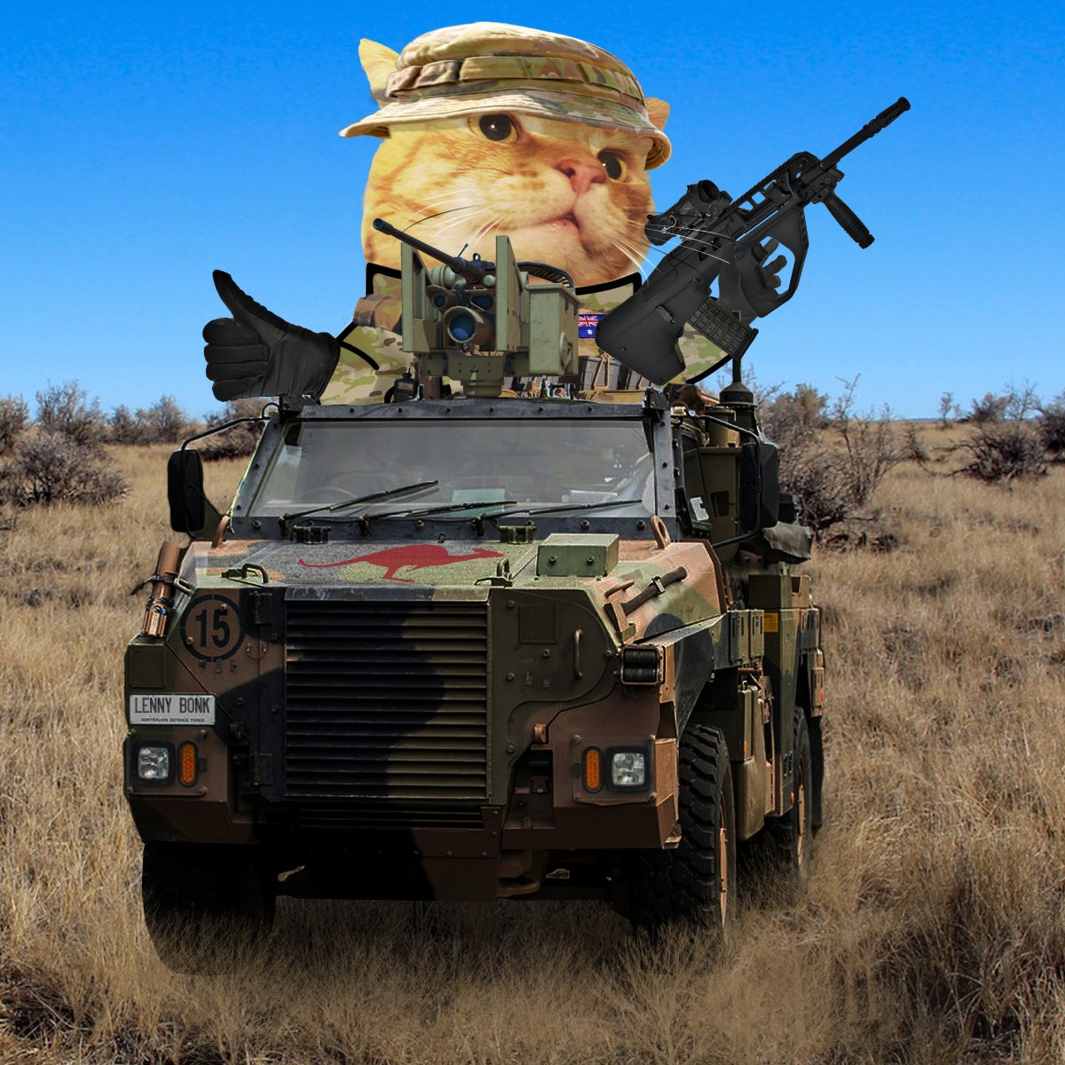 gr1mrea9er's tweet photo. @WillyNotLily @fellarequests @WillyNotLily @fellarequests @Official_NAFO @Kama_Kamilia @BravoKilo6464  G'day mate! Lenny the Off-Road Warrior Bushmaster Cat is ready to go. He's got the wheels, the calibers, and his Friskies and Tuna stowed. #NAFO #NAFOfellas #NAFOExpansionIsNonNegotiable! https://t.co/yQ8rM7LyNR
