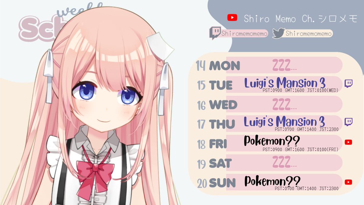 ShiroMemomemo's tweet photo. 【Schedule!!】14/11 - 20/11
The addiction....
・General: #Shiromemo
・Stream: #MemoReSTART
・Fan Art: #MEMOsketch
・Fan name: #memodachi
・Meme/clips/funny video: #mememo
Schedule art by @/yuentsz123 https://t.co/rvY4i7F8ut