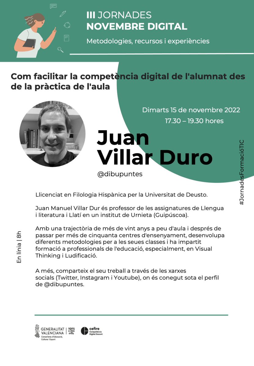 CEFIREambitCDD's tweet image. 📣 Continuen les III Jornades Novembre Digital. 
Hui tractarem la competència digital de l'alumnat (CDA) des de dues perspectives amb Joaquín Hernández i Juan Villar.

⏰ 17:30 - 19:30 h
🔗+info cutt.ly/OBJe7Ue

#JornadesFormacióTIC