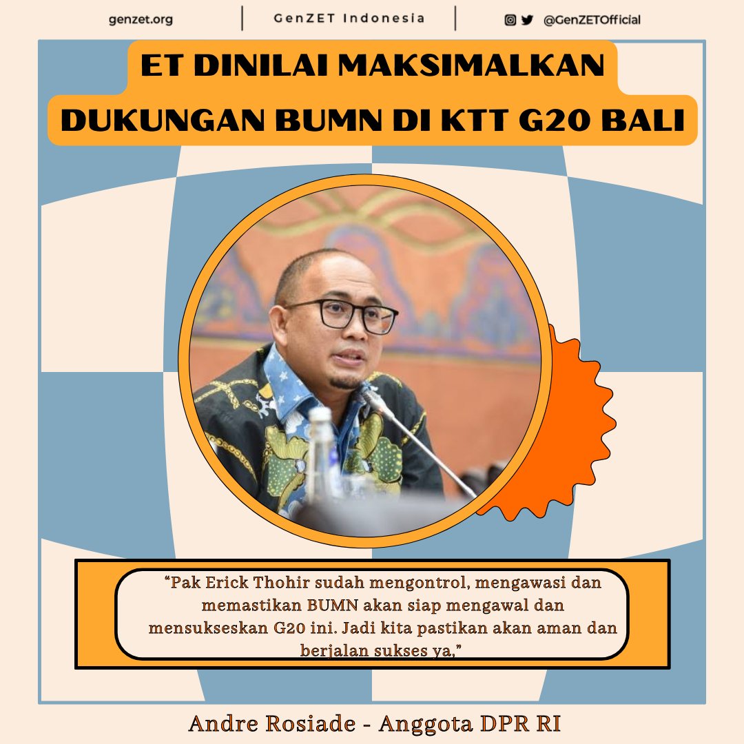 Anggota Konisi VI DPR RI Fraksi Partai Gerindra Andre Rosiade mengapresiasi kesiapan Kementerian Badan Usaha Milik Negara (BUMN) dalam menyukseskan perhelatan KTT G20. 

<a href="/erickthohir/">Erick Thohir</a>
#GenZETIndonesia 
#ErickThohirJujurBersih