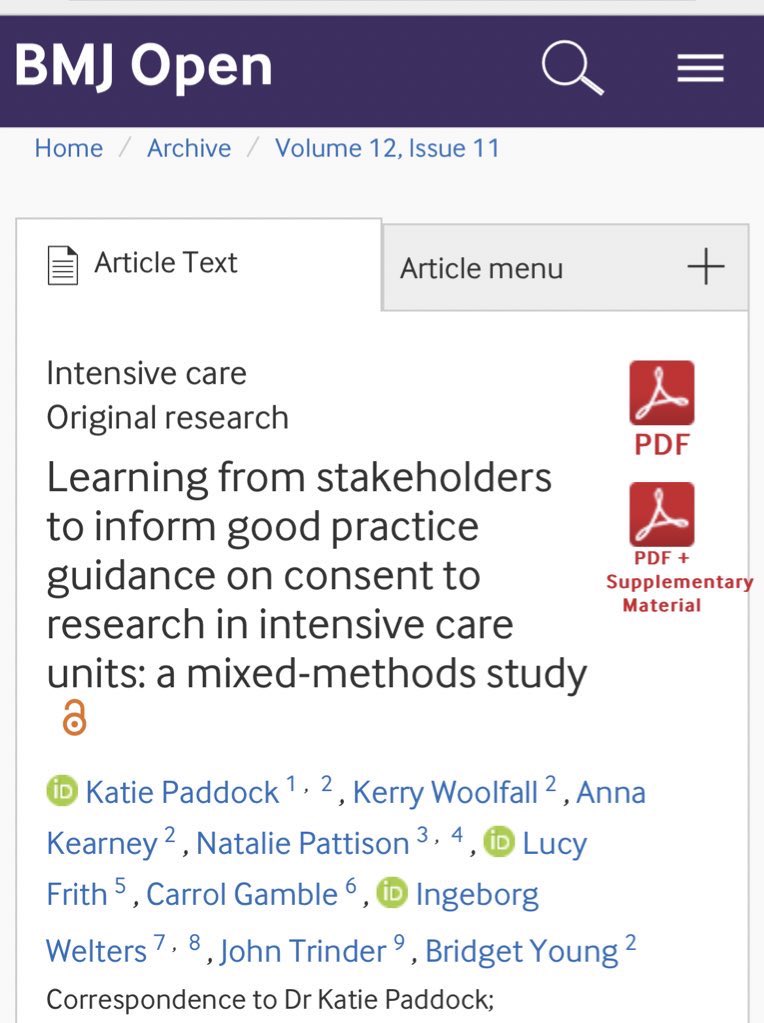 Dr Katie Paddock-Hall (@katiepaddockphd) on Twitter photo ⬆️ is our latest paper from The Perspectives Study <a href="/PerspectivesLiv/">PERSPECTIVES Study</a> - a 3-year mixed methods study on consent and recruitment practices in studies conducted in critical care.
Conducted <a href="/LivUni/">University of Liverpool</a> 👩🏼💻
Funded <a href="/ESRC/">Economic and Social Research Council</a> 💰
Published <a href="/BMJ_Open/">BMJ_Open</a> 📝
bmjopen.bmj.com/content/bmjope… ⬆️ is our latest paper from The Perspectives Study <a href="/PerspectivesLiv/">PERSPECTIVES Study</a> - a 3-year mixed methods study on consent and recruitment practices in studies conducted in critical care.
Conducted <a href="/LivUni/">University of Liverpool</a> 👩🏼💻
Funded <a href="/ESRC/">Economic and Social Research Council</a> 💰
Published <a href="/BMJ_Open/">BMJ_Open</a> 📝
bmjopen.bmj.com/content/bmjope…