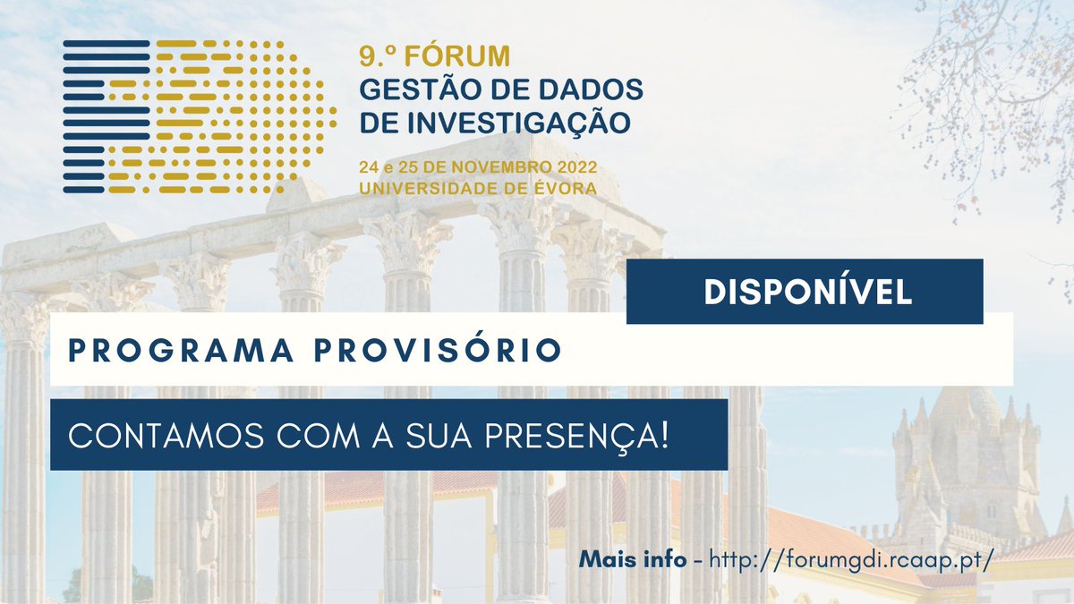 rcaap's tweet photo. ⏳ 𝐋𝐄𝐌𝐁𝐑𝐄𝐓𝐄 ▶️ Consulte o programa provisório do 9º #Forumgdi e 𝐈𝐧𝐬𝐜𝐫𝐞𝐯𝐚-𝐬𝐞 até dia 20/11/2022 - https://t.co/fGCusTwb78
🗓 24 e 25 novembro - Contamos consigo?! 😉
#GestaodeDadosdeInvestigação #CienciaAberta #infraestruturas
@fccnpt FCCN https://t.co/4XExYnMUmU