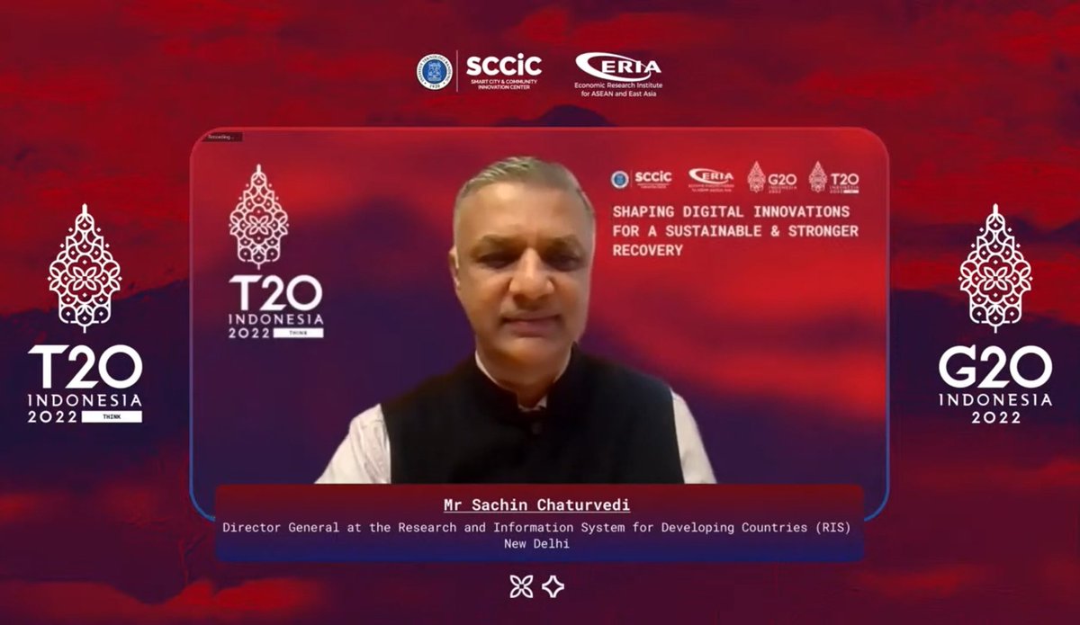 A special T20 side event on lines of the G20 leader's summit: “Shaping Digital Innovations for A Sustainable Recovery” By @ERIAorg Prof @Sachin_Chat Said About Better Governance,Global Value Chain,Global South Should Free From Corruption,MP & Transaction By RBI with Singapore.