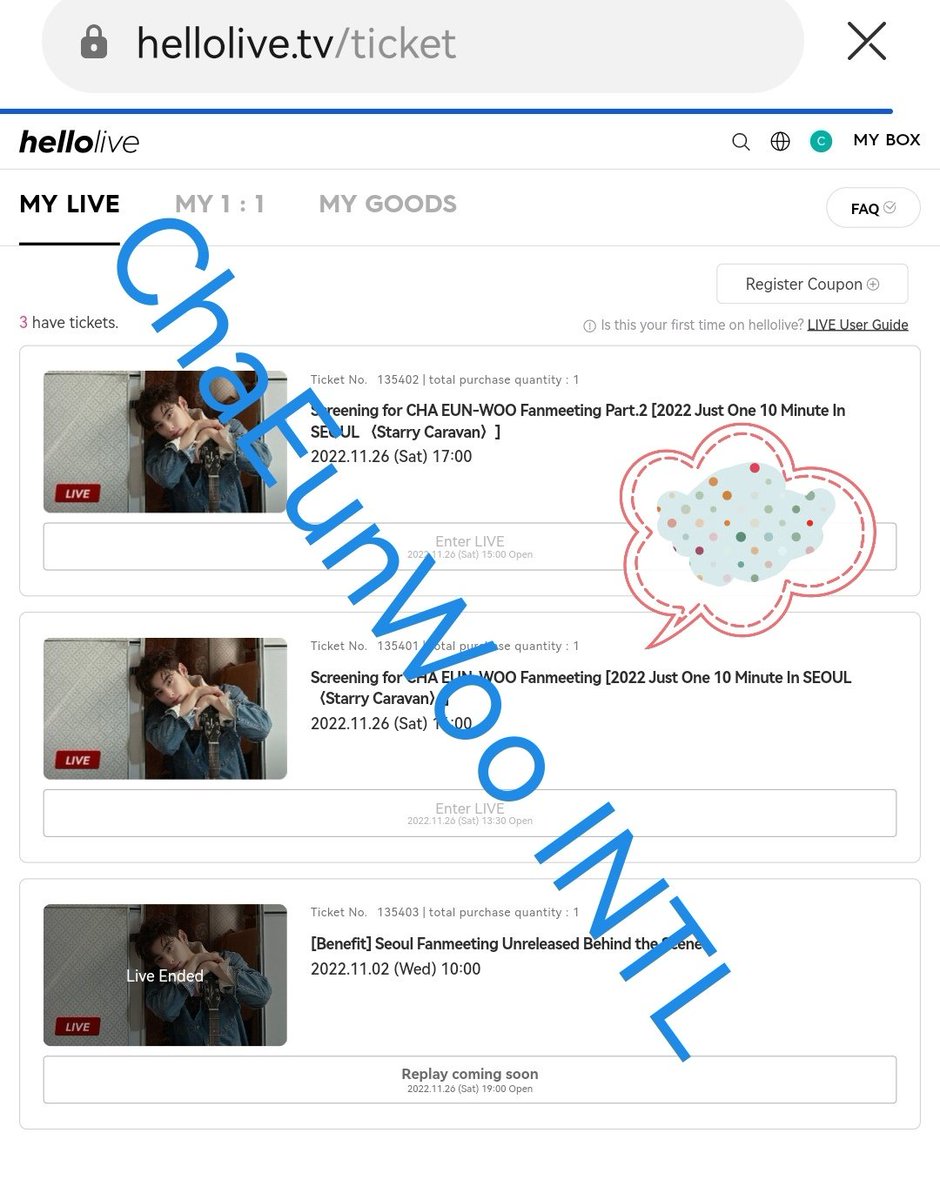 ChaEunwooINTL's tweet photo. CHA EUN-WOO Fanmeeting 2022 Just One 10 Minute In Seoul [#StarryCaravan] Screening
Online Tickets: 
https://t.co/2nfKmmwB2F

So eager and happy to see JOTM Online. We cannot miss this Screening! 
#hellolive_EVENT #hello_CHAEUNWOO 
#hello_EVENT 
#hello_AROHA https://t.co/FWXx0dojIB