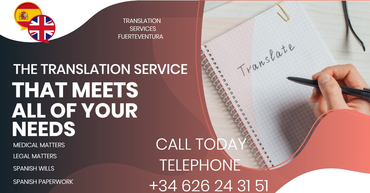 WHATISONINCALE1's tweet photo. If you need a translator for 
- Setting and attending medical appointments
- Helping complete all your Spanish paper work
- Creating a Spanish will
- Help with the minefield of buying a Spanish property
 Call today.
Telephone +34 626 24 31 51
Translation Services Fuerteventura https://t.co/ZhUGC6jmkW