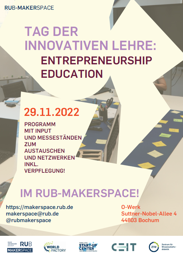 HE__RUB's tweet photo. Wir laden Sie herzlich ein! 🎉

💡Am 29.11.22 von 16 bis 19 Uhr findet der Tag der innovativen #Lehre mit einer Schwerpunktsetzung zum Thema #EntrepreneurshipEducation im RUB-Makerspace statt. 

📌Anmeldung unter: Vivian.PeukerSteinhaeuser@ruhr-uni-bochum.de
#Entrepreneurship ^db https://t.co/TMGP9Ef2YO