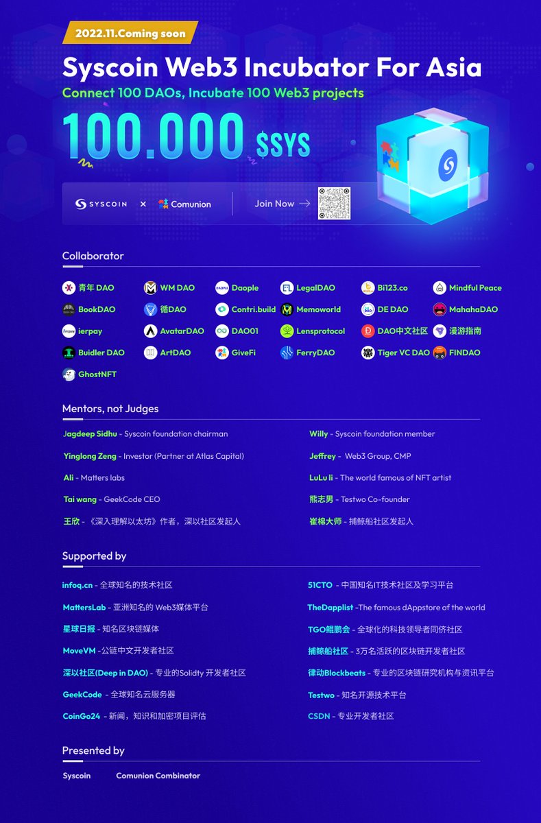 WEconomyX's tweet photo. 1- So excited to announce the biggest Asia Web3 Incubator, @syscoin Asia #Web3 Incubator is coming to kicking off at 20th November around, give a warm greeting to all collaborators  @Legal_DAO @memoworld_xyz @BuidlerDAO @web_guider @contri_build @Bi123pro @avatar_dao and others https://t.co/AAb5SUm5CM