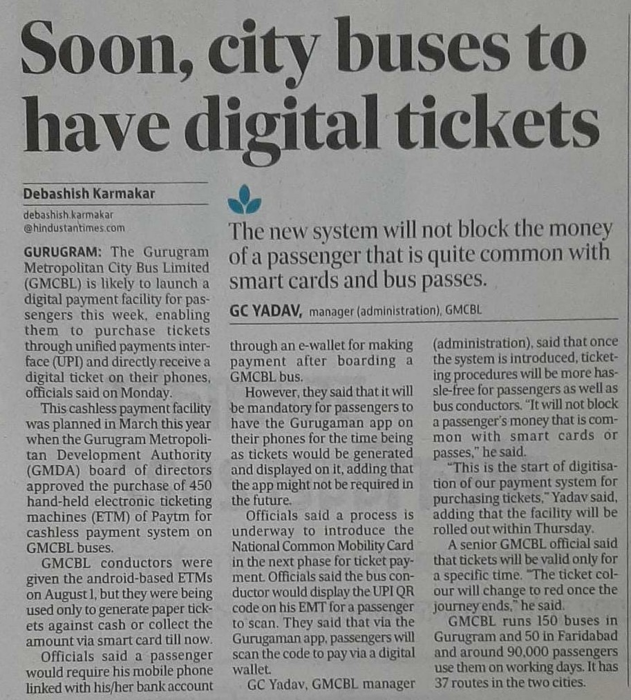 <a href="/gurugaman/">Gurugram Metropolitan City Bus Limited</a> to soon launch digital payment services to facilitate easy and cashless payment for the ease of commuters.
<a href="/cmohry/">CMO Haryana</a> #publictransport #GMCBL <a href="/HTGurgaon/">HT Gurugram</a>