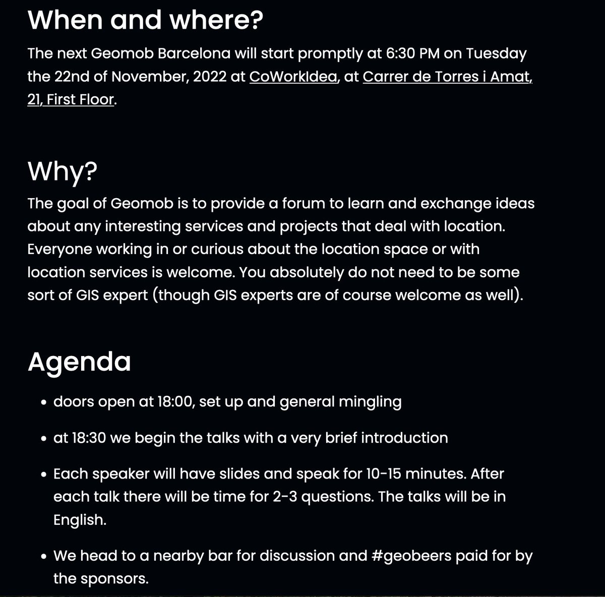 geomob (@geomob) on Twitter photo One week to go until #geomobBCN on eve of ๐๏ธ22nd Nov!
Talks by <a href="/doublebyte/">๐ @doublebyte@noc.social</a> <a href="/JonnoConn/">Jonathan Conn</a> @justb4 and <a href="/OrbifyInc/">Orbify</a> followed by #geobeers ๐ป.
๐Thank you to <a href="/Coworkidea/">COWORKIDEA</a> for hosting.
Details and sign-up: thegeomob.com/post/nov-22nd-โฆ One week to go until #geomobBCN on eve of ๐๏ธ22nd Nov!
Talks by <a href="/doublebyte/">๐ @doublebyte@noc.social</a> <a href="/JonnoConn/">Jonathan Conn</a> @justb4 and <a href="/OrbifyInc/">Orbify</a> followed by #geobeers ๐ป.
๐Thank you to <a href="/Coworkidea/">COWORKIDEA</a> for hosting.
Details and sign-up: thegeomob.com/post/nov-22nd-โฆ