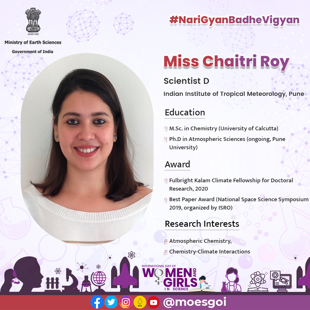 moesgoi's tweet photo. In celebration of women and girls in science, through #NariGyanBadheVigyan initiative of @moesgoi, today we applaud the contributions of Ms. Chaitri Roy from @iitmpune. Her research interests include Atmospheric Chemistry, Chemistry-Climate Interactions. #MyMoES #WomenInScience https://t.co/iSDTWf4QPF