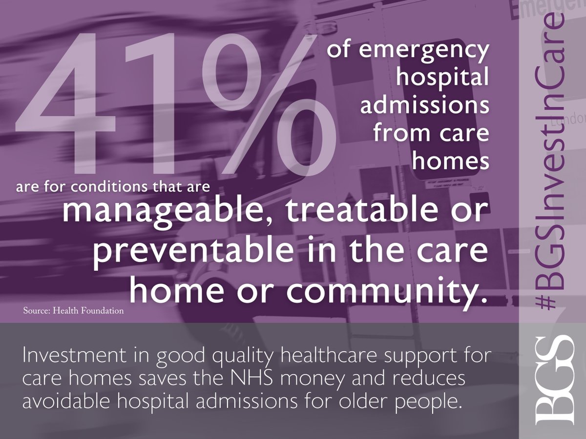 41% of emergency hospital admissions from #carehomes are for conditions that are manageable, treatable or preventable. Investment in good quality healthcare support for care homes reduces avoidable hospital admissions. - Day 8 #BGSInvestInCare bgs.org.uk/InvestInCare