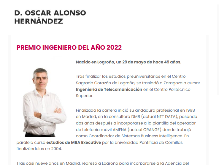 Enhorabuena !! 
Premio... #aiternoche
* INGENIERO DEL AÑO 2022 * para: 
**Oscar Alonso Hernández** - 

 - Ver detalle en:🥇noche-telecomunicaciones-rioja.es/premio-ingenie…
<a href="/oalonsoh/">Óscar Alonso Hernández</a> <a href="/lariojaorg/">Gobierno de La Rioja</a> <a href="/COIT_AEIT/">COIT_AEIT</a>