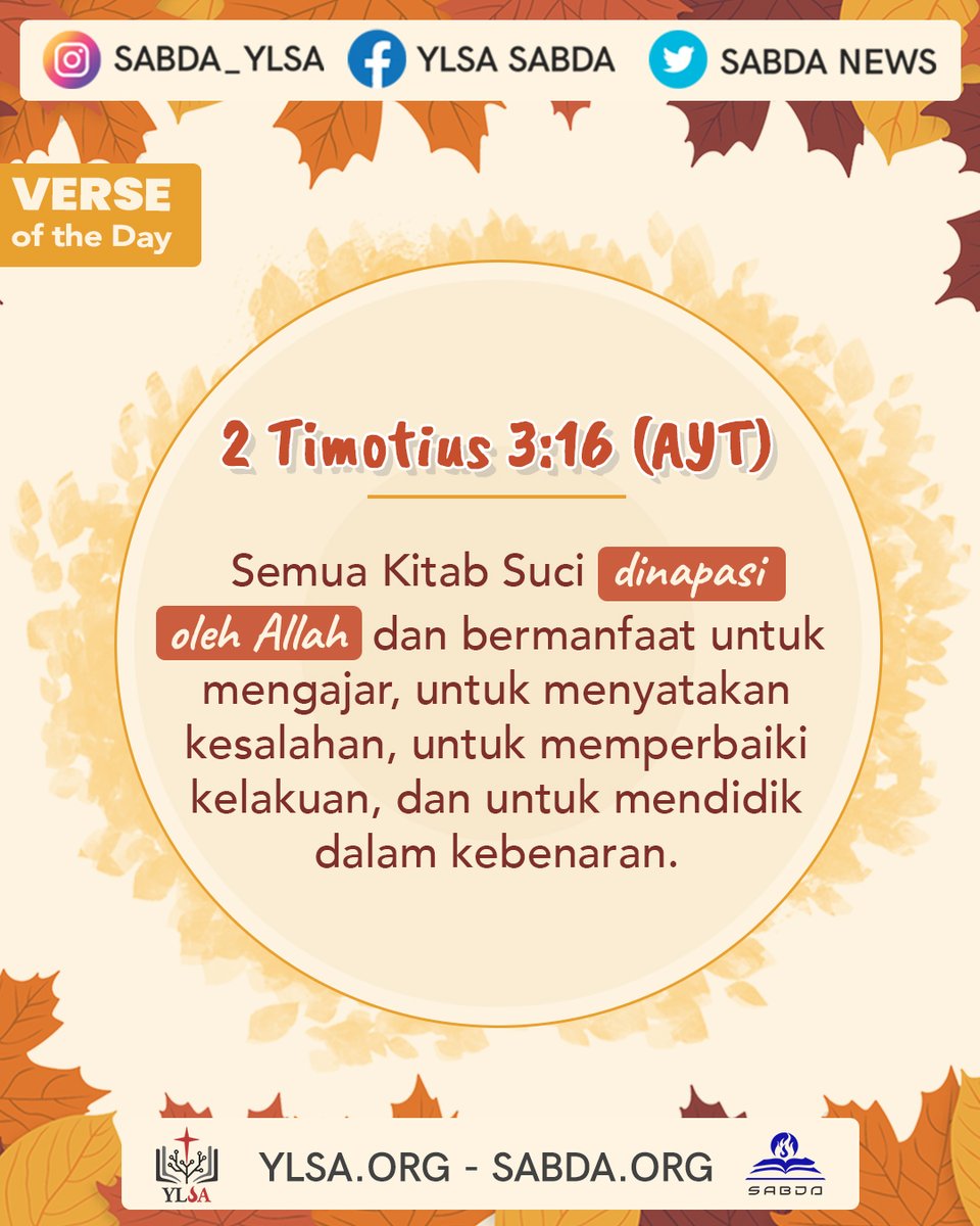 sabda_ylsa's tweet photo. Alkitab bukanlah kisah, fabel, atau mitos tentang Tuhan. Melalui #Alkitab, Tuhan menyatakan diri dan kehendak-Nya, dan membimbing orang untuk setia dalam #iman dan kebenaran-Nya. Oleh karena itu, bacalah dan lakukan apa yang #Allah pesankan dalam #Kitab Suci.
#SABDA
#YLSA https://t.co/mdYZi4tl1O