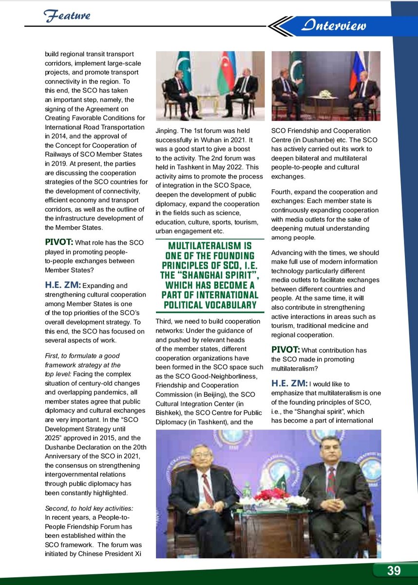 CPSC_ISSI's tweet photo. Featuring interview of the SCO Secretary General,H.E Mr. Zhang Ming in the October 2022 Edition of #PIVOT magazine conducted by Pivot team. 
#Pakat75 #future #SCO
@aizaz1101  @TalatShabbir3 
@ISSIslamabad  @ForeignOfficePk @CathayPak @XHNews @SCMPNews https://t.co/9058bUV6eJ
