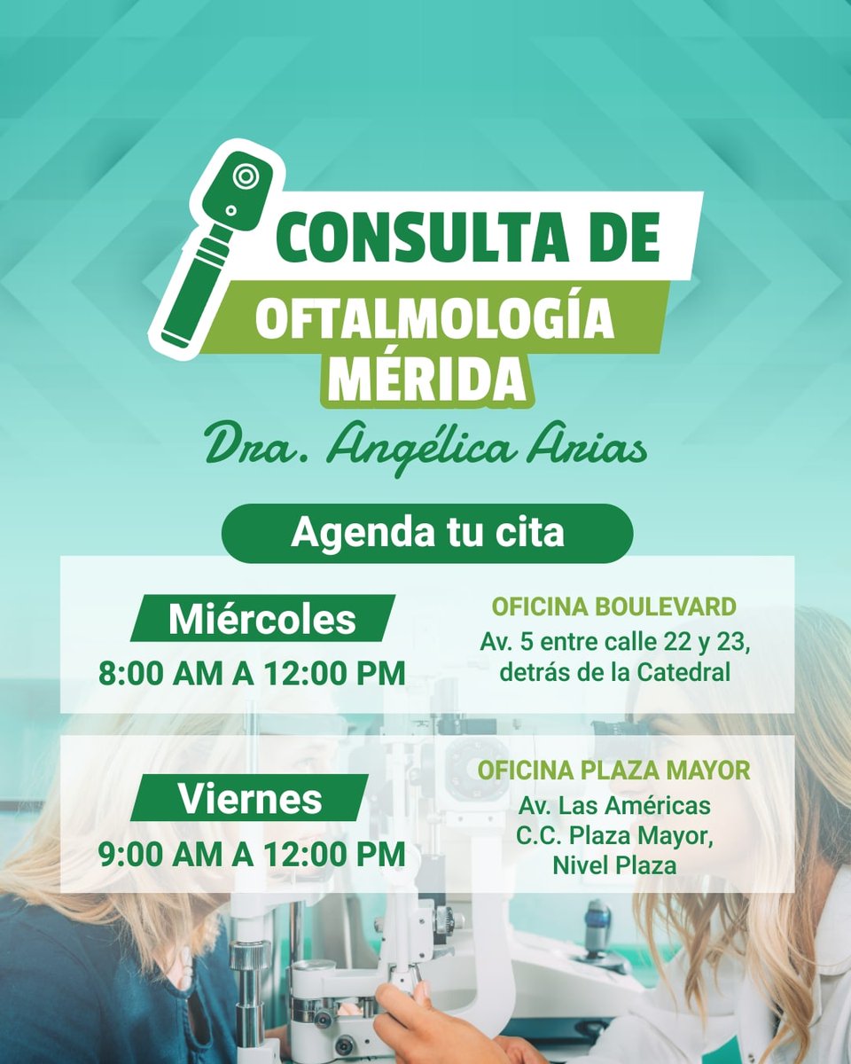 OpticaJohnen's tweet photo. 🔔¡Atención Mérida, tenemos noticias!

Todos los miércoles y viernes podrás asistir a consulta de oftalmología con la 👩‍⚕️Dra. Angélica Arias. 

👉🏻Escríbenos y agenda tu cita. 

#oftalmologomerida  #oftalmologiamerida #consultadeoftalmologia #oftalmologo https://t.co/yzGC9JVQak