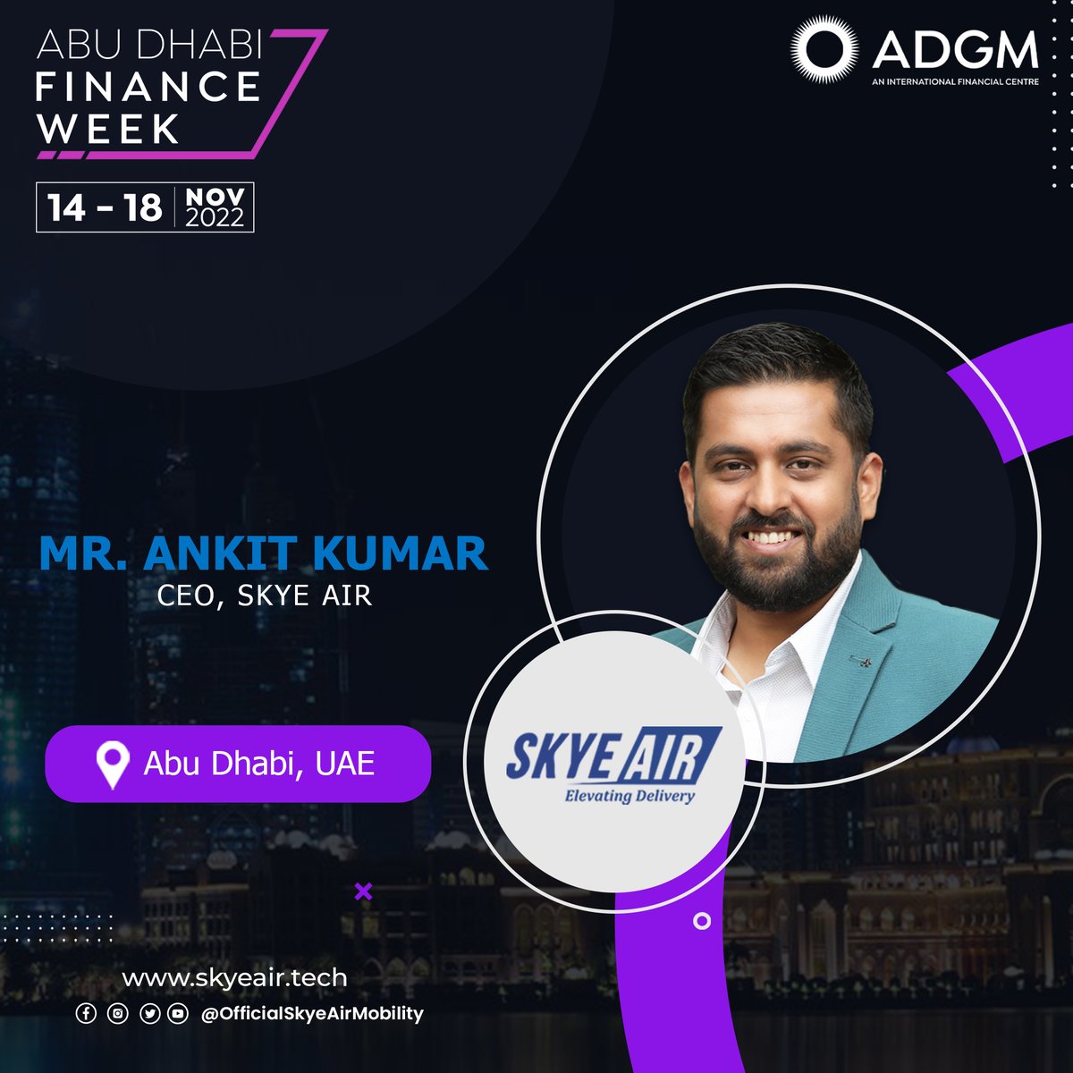 air_skye's tweet photo. Exhilarated to share that Team @air_skye has arrived in Abu Dhabi to attend the #ADFinanceWeek (ADFW) 2022 hosted by Abu Dhabi Global Market (#ADGM).
Mr. Ankit Kumar, CEO, of Skye Air Mobility, along with the team will be attending this event.
Looking forward to seeing you there! https://t.co/c7sAA3JAcm