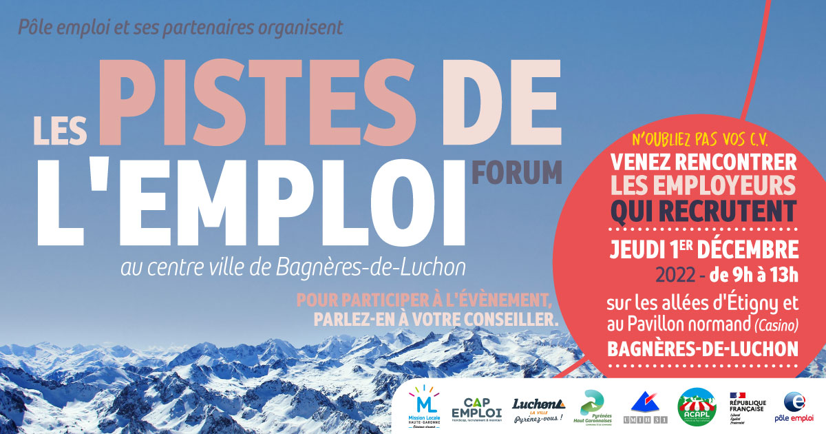 🎯 #AvecPôleEmploi de Saint -Gaudens et ses partenaires nous organisons un Forum des #emplois à Bagnères-de-Luchon le Jeudi 01 décembre de 09h00 à 13h00: de nombreux #recrutements à la clé 💫

Rdv devant la Mairie de Luchon avec vos #cv , on y va ensemble. #tousmobilisés 👍