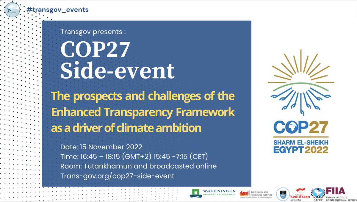 Join us today for the #Transgov #Cop27  side-event! 

☑️ Room: Tutankhamun or trans-gov.org/cop27-side-eve… 

☑️ Time: 16:45 – 18:15 (GMT+2) 15:45 -7:15 (CET)

#cop27Egypt2022 #climatetransparency