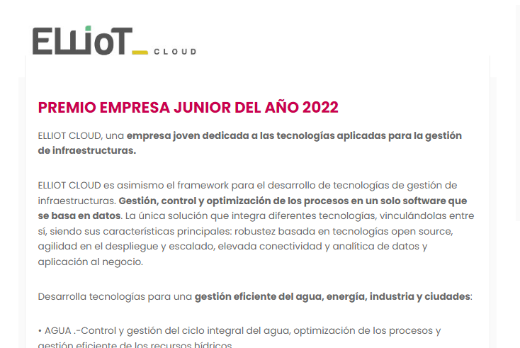 Enhorabuena !! 
Premio... #aiternoche
* EMPRESA JUNIOR 2022 * para: 
**Elliot Cloud** - 
<a href="/Elliot_Cloud/">Elliot Cloud</a> 

 - Ver detalle en: 🏅noche-telecomunicaciones-rioja.es/premio-empresa…