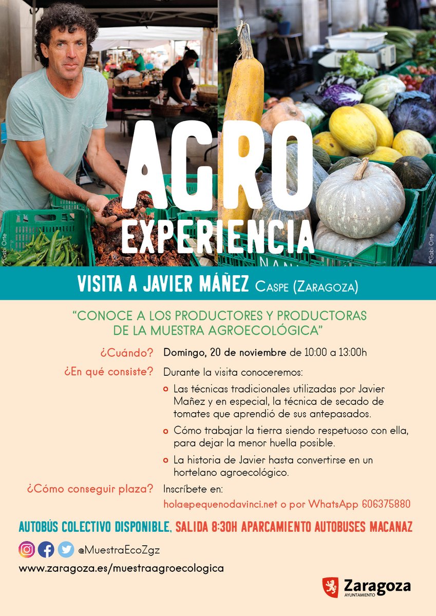🚨 ÚLTIMA AGROEXPERIENCIA 🍆🥬🌶️🍅
¿Dónde? en Caspe con #JavierMáñez
¿Cuándo? Domingo, 20NOV  10 a 13h
¿Cómo conseguir plaza? 
Enlace: forms.gle/RK8yDNQMoRNm95…
o hola@pequenodavinci.net o por WhatsApp 606375880
🚌BÚS DESDE MACANAZ A las 8:30. o en vehículo particular
Os esperamos!