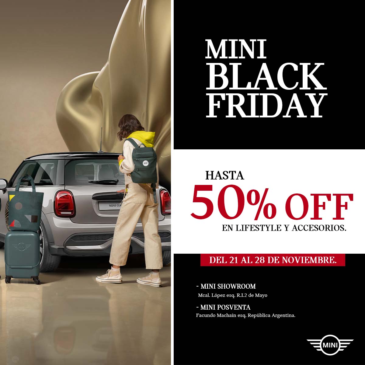 MINI_Paraguay's tweet photo. Para los que aman los descuentos, esta es su gran oportunidad 😎🚗
Te esperamos en el Showroom con los mejores precios, con descuentos de hasta el 50% en accesorios para tu MINI, Lifestyle y mucho más del 21 al 28 de noviembre.
#MINIParaguay #MINILATAM #BlackFriday https://t.co/XrtxCmHAui