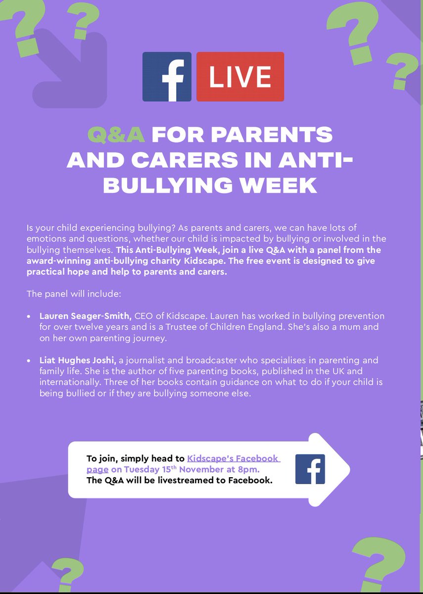 Check out this Q&amp;A for parents and carers in anti-bullying week tonight at 8pm. Go to Kidscape 
#antibullyingweek2022 #reachout
