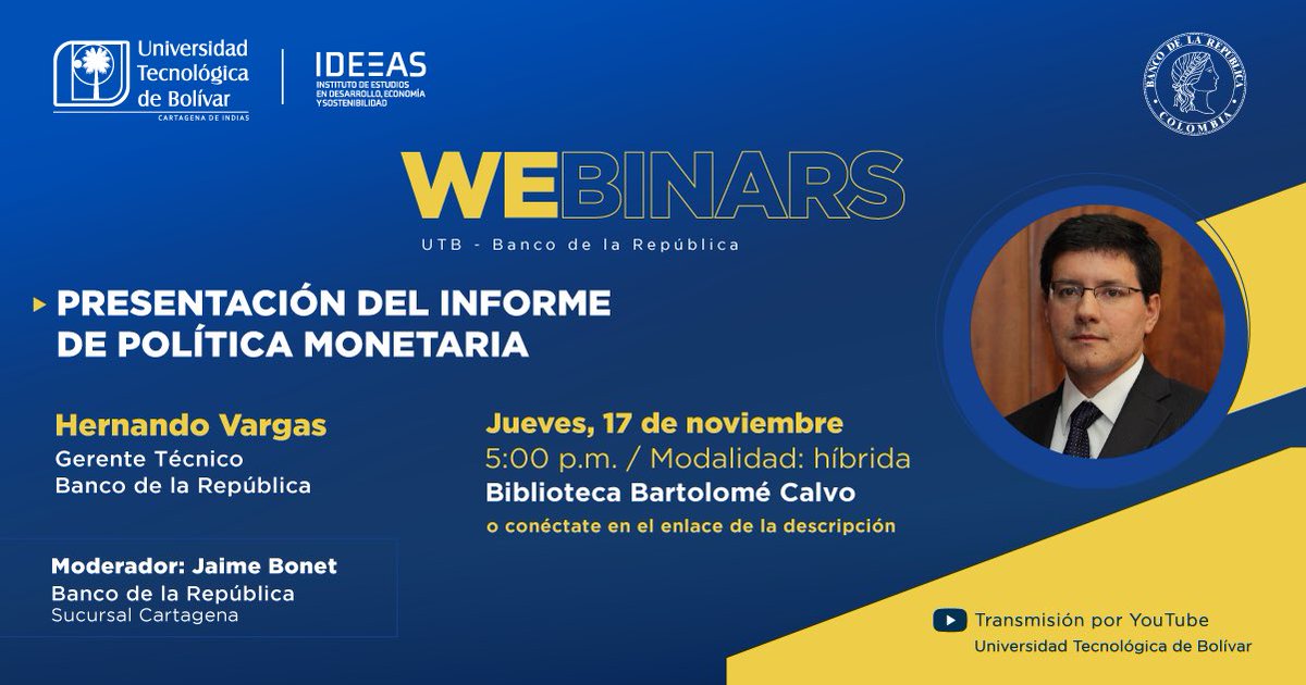 jaime_bonet's tweet photo. Este jueves 17 de noviembre 5:00 PM en la Biblioteca Bartolomé Calvo una gran oportunidad para conocer las proyecciones macroeconómicas del equipo técnico del @BancoRepublica Entrada libre hasta completar aforo @utboficial @Banrepcultural https://t.co/kVoQKjc2M8