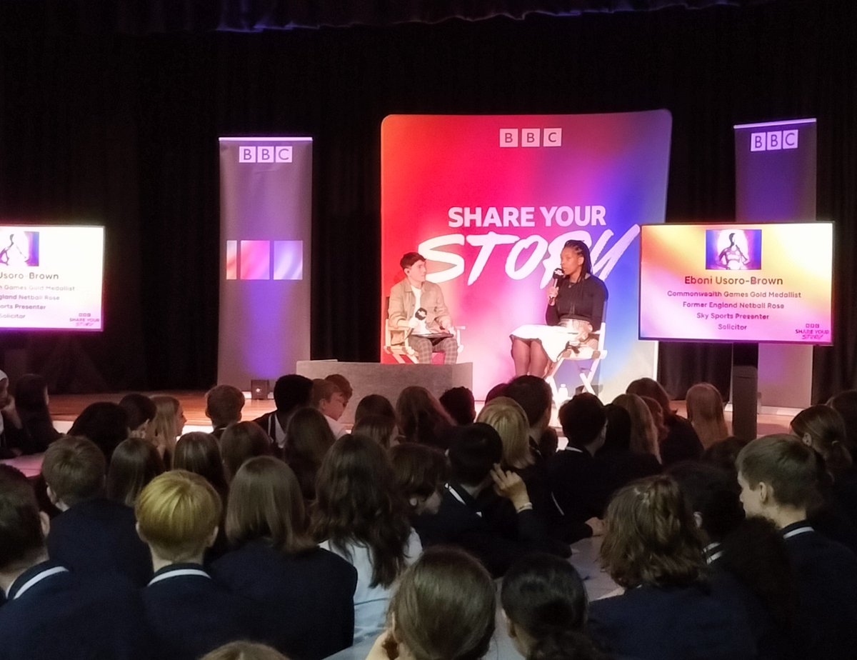 There's a buzz around school today as we're joined by the <a href="/bbcpress/">BBC Press Office</a> #shareyourstory team. Eboni Usoro-Brown, former professional netballer, (England team &amp; Commonwealth Games Gold Medallist) shared her story with students &amp; answered questions. <a href="/EboniBChambers/">Eboni Usoro-Brown (nee Beckford-Chambers)</a> #BBC100 #BathSchools
