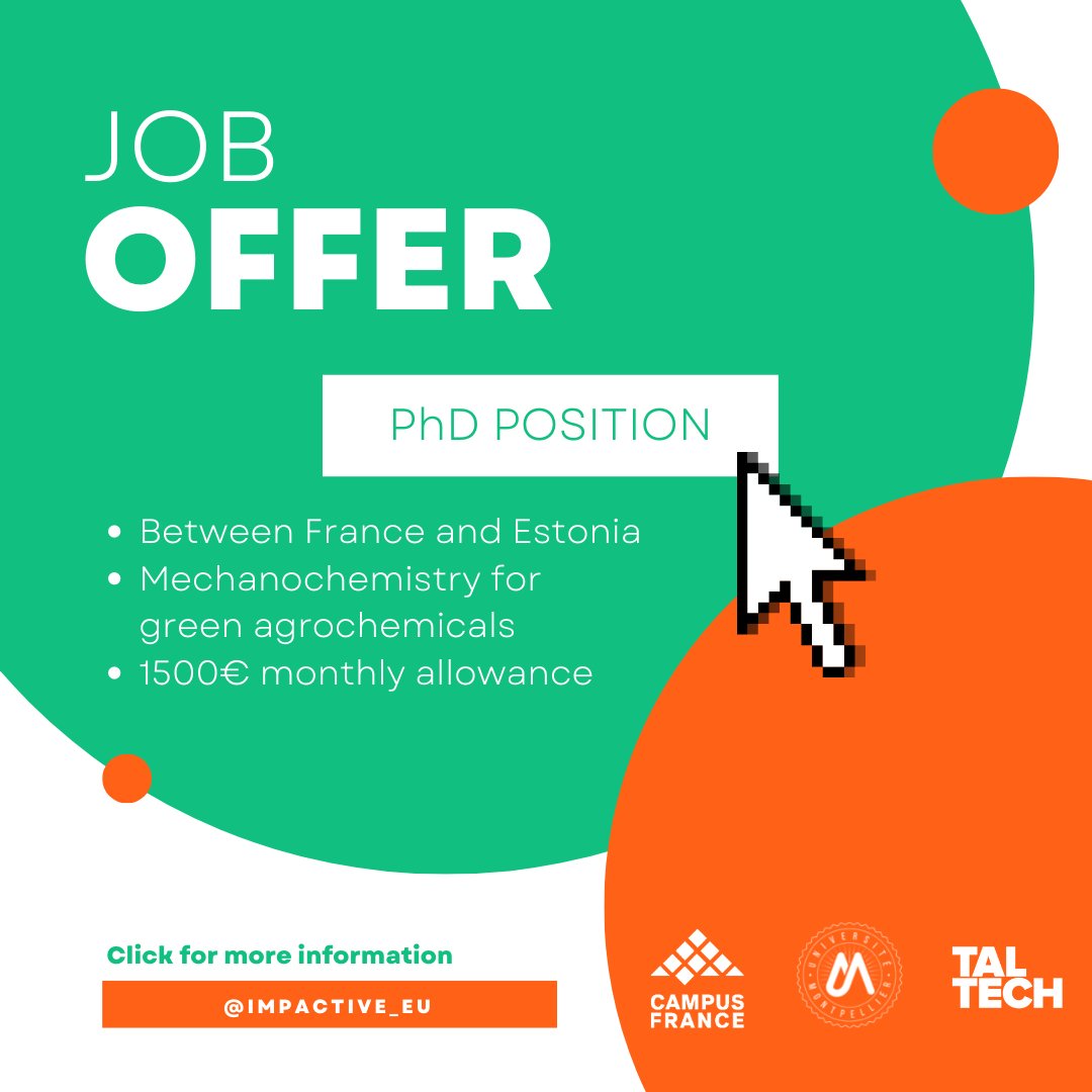 Impactive (@impactive_eu) on Twitter photo 📢 PhD opportunity!
👩🔬 Our colleagues from <a href="/umontpellier/">Université de Montpellier</a> & <a href="/TallinnTech/">TalTech - Tallinn University of Technology</a> are looking to apply mechanochemistry to produce green agrochemicals.
Interested in this joint PhD between 🇫🇷France and 🇪🇪Estonia? More info: mechanochemistry.eu/jobs/Joint_PhD…
#chemtwitter #mechanochemistry #phdlife 📢 PhD opportunity!
👩🔬 Our colleagues from <a href="/umontpellier/">Université de Montpellier</a> & <a href="/TallinnTech/">TalTech - Tallinn University of Technology</a> are looking to apply mechanochemistry to produce green agrochemicals.
Interested in this joint PhD between 🇫🇷France and 🇪🇪Estonia? More info: mechanochemistry.eu/jobs/Joint_PhD…
#chemtwitter #mechanochemistry #phdlife