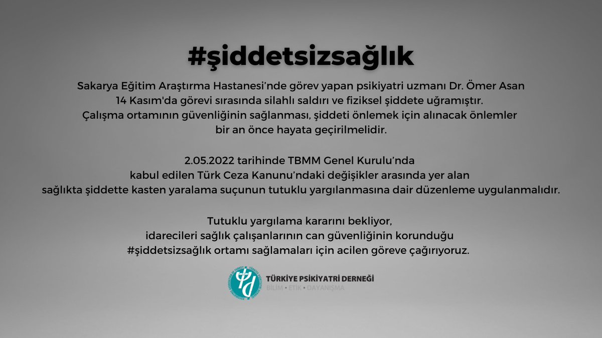 Türkiye Psikiyatri (@psikiyatrider) on Twitter photo Psikiyatrist Dr. Ömer Asan 14 Kasım'da görevi sırasında silahlı saldırıya uğramıştır. İdarecileri sağlık çalışanlarının can güvenliğinin korunduğu #şiddetsizsağlık ortamı sağlamaları için acilen göreve çağırıyoruz. <a href="/drfahrettinkoca/">Dr. Fahrettin Koca</a> <a href="/bybekirbozdag/">Bekir Bozdağ</a>
tinyurl.com/4duhv5a9 Psikiyatrist Dr. Ömer Asan 14 Kasım'da görevi sırasında silahlı saldırıya uğramıştır. İdarecileri sağlık çalışanlarının can güvenliğinin korunduğu #şiddetsizsağlık ortamı sağlamaları için acilen göreve çağırıyoruz. <a href="/drfahrettinkoca/">Dr. Fahrettin Koca</a> <a href="/bybekirbozdag/">Bekir Bozdağ</a>
tinyurl.com/4duhv5a9