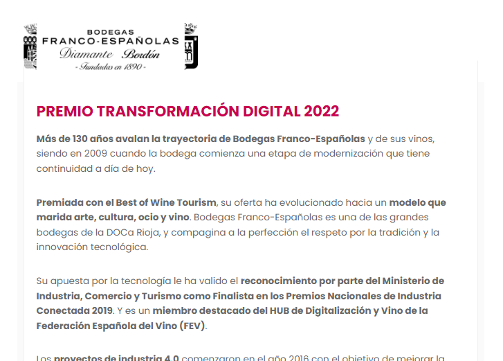 Enhorabuena !! 
Premio... #aiternoche
* TRANSFORMACIÓN DIGITAL 2022 * para: 
**Bodegas Franco Españolas** - 
<a href="/RiojaBordon/">BodegaFrancoEspañola</a>

 - Ver detalle en: 🏅noche-telecomunicaciones-rioja.es/premio-transfo…