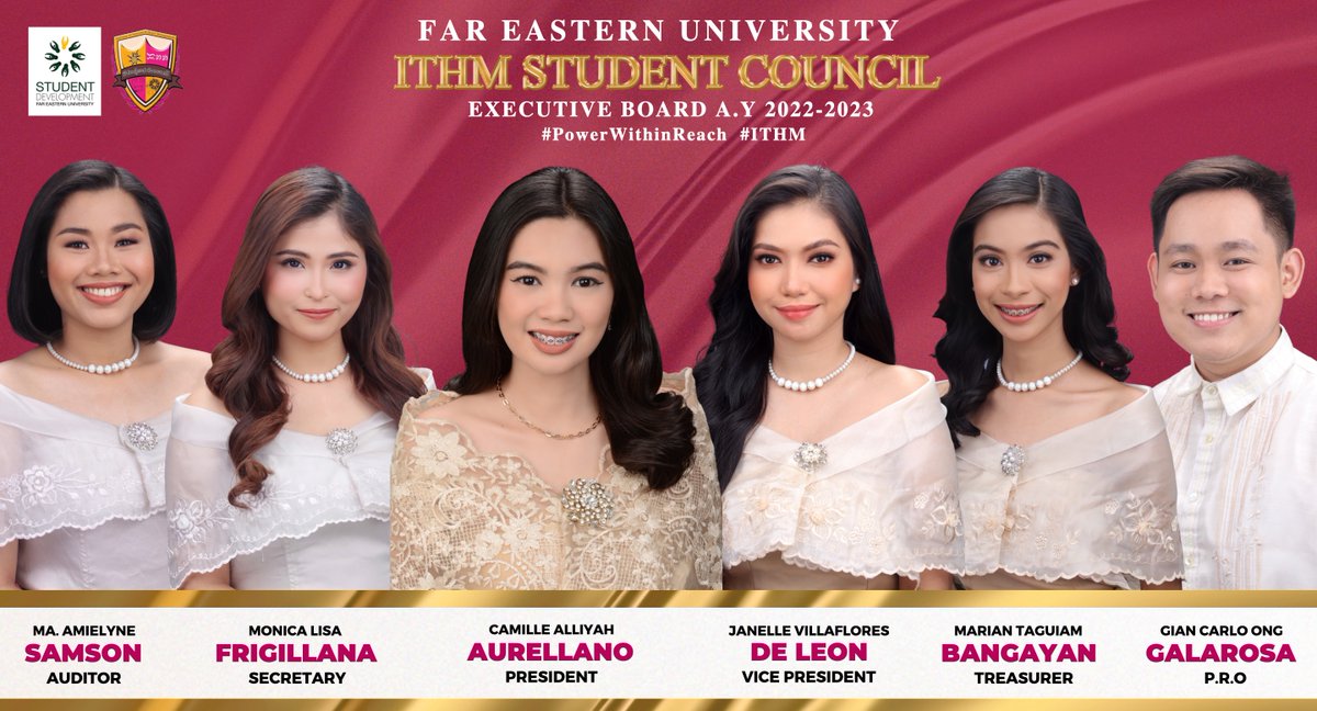 ithmscofficial's tweet photo. ITHM Student Council Executive Board

President: Alliyah Aurellano
Vice President: Janelle De Leon
Secretary: Monica Frigillana
Treasurer: Marian Bangayan
Auditor: Amielyne Samson
Press Relations Officer: Gian Ong

#PowerWithinReach
#ITHM https://t.co/84p4au0r8U